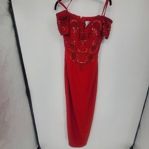 Scala collections sequence over shoulder vintage red long dress size 8